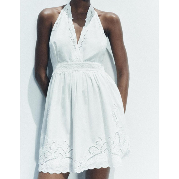 Zara White Cotton Eyelet Embroidered V-Neck Mini Halter Dress Lined Size Large - Picture 12 of 13
